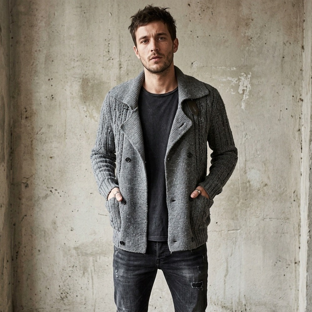 AllSaints Converge Mens Cardigan Medium Gray Double Breasted Cable Knit Alpaca